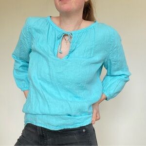 Eileen Fisher Aqua Blue linen top with tie front detail